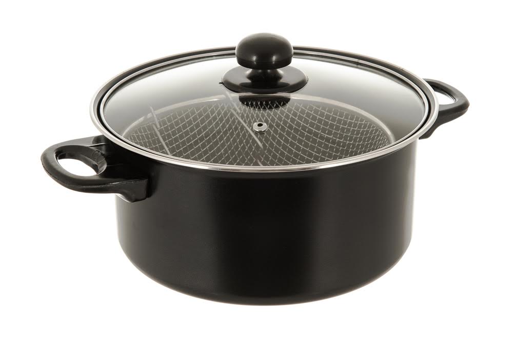 BLACK NON STICK CHIP PAN SET FRYER DEEP FAT FRYING BASKET POT W GLASS