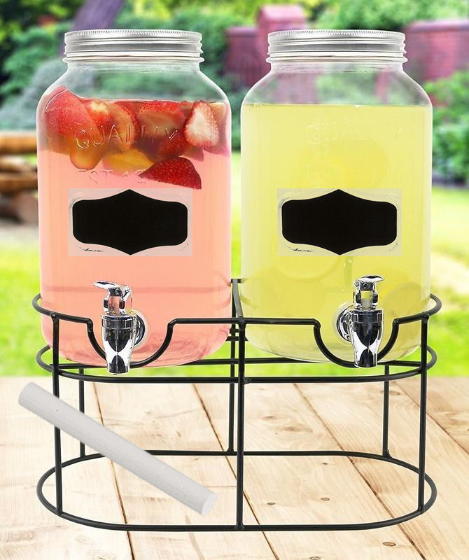 2 x 4L Double Glass Drink Dispenser Jar Cocktail Beverage Tap Punch
