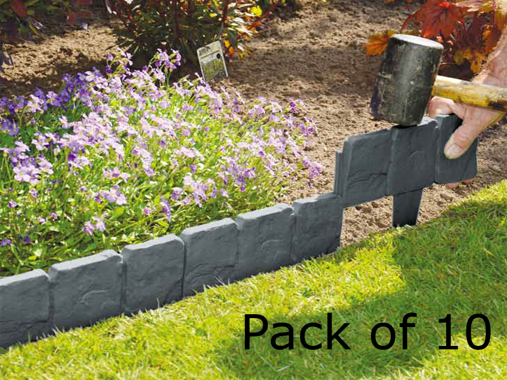 LIVIVO 10 x COBBLED STONE EFFECT GARDEN EDGING PLASTIC HAMMERIN LAWN