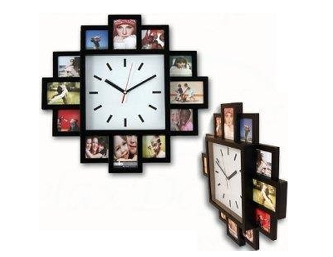 BLACK MODERN 12 MULTI PHOTO PICTURE FRAME AND TIME WALL CLOCK FAMILY