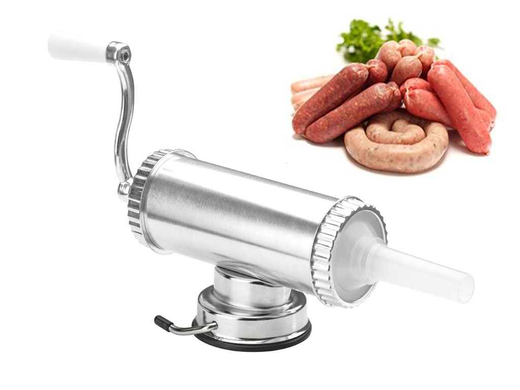 SAUSAGE MAKER MEAT STUFFER FILLER & 3 STUFFING NOZZLES ALUMINIUM HAND