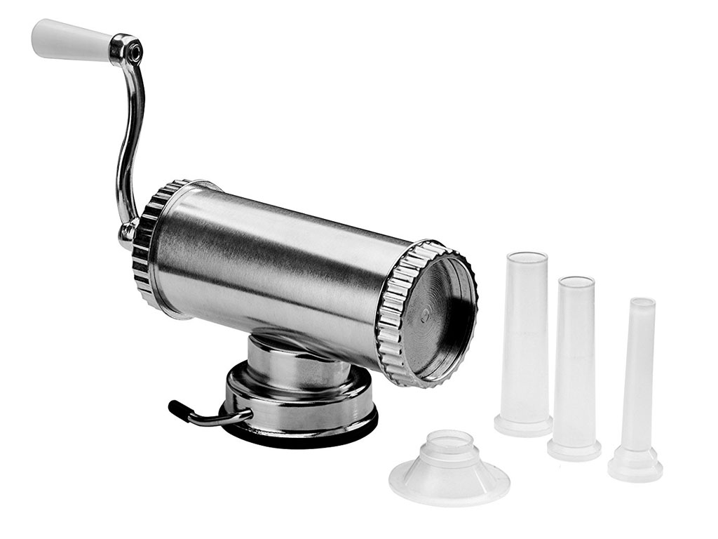 SAUSAGE MAKER MEAT STUFFER FILLER & 3 STUFFING NOZZLES ALUMINIUM HAND