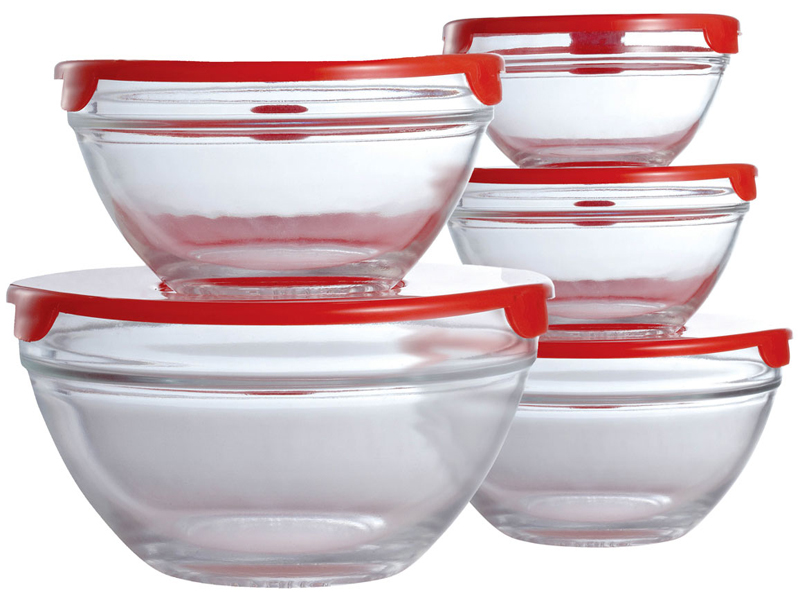 NEW SET OF 5 PIECE GLASS STORAGE BOWL SET WITH LIDS FOOD CONTAINERS
