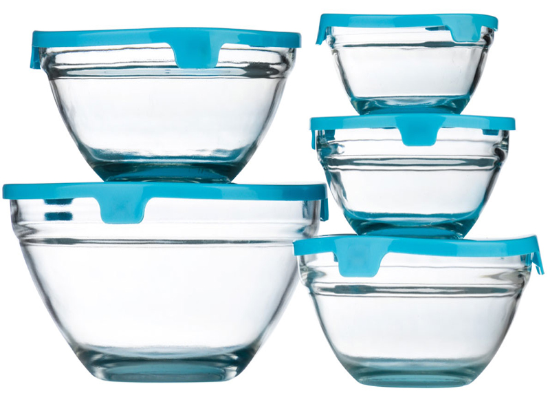 NEW SET OF 5 PIECE GLASS STORAGE BOWL SET WITH LIDS FOOD CONTAINERS