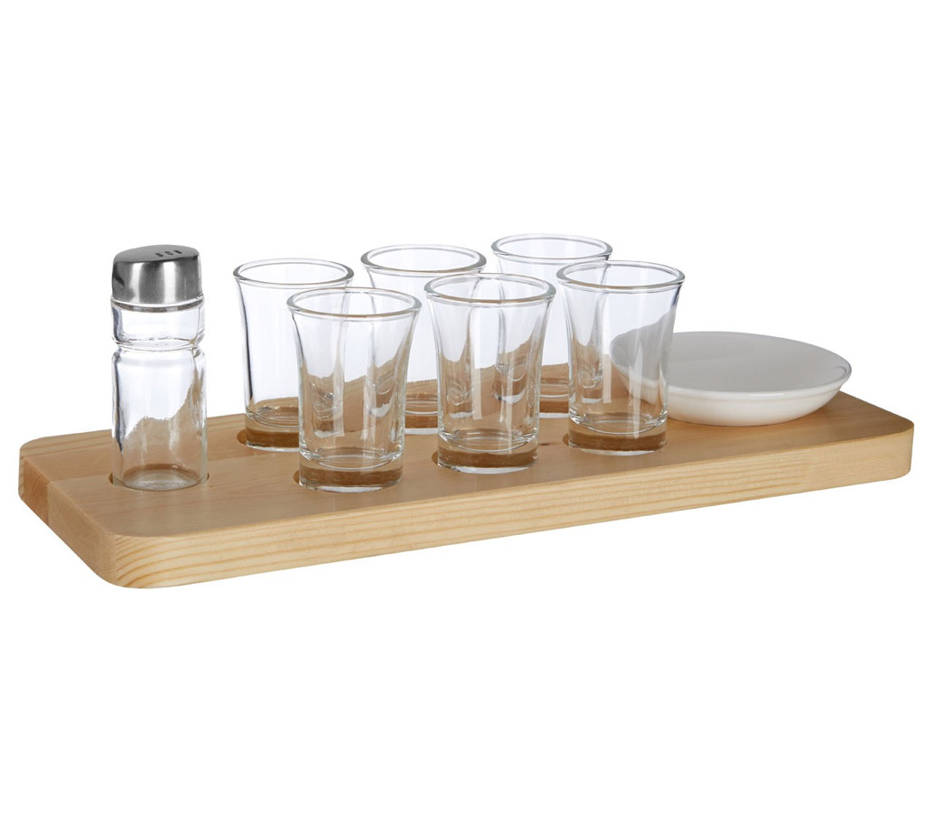 9PC TEQUILA SHOT GLASS SET 6 GLASSES SALT SHAKER DISH PINE SERVING TRAY