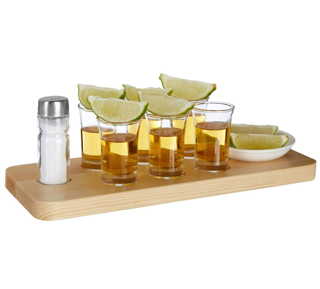 9PC TEQUILA SHOT GLASS SET 6 GLASSES SALT SHAKER DISH PINE SERVING TRAY