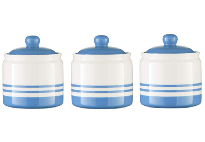 NEW CORNISH BLUE STRIPE CERAMIC TEA COFFEE SUGAR STORAGE CANISTERS JARS POT SET