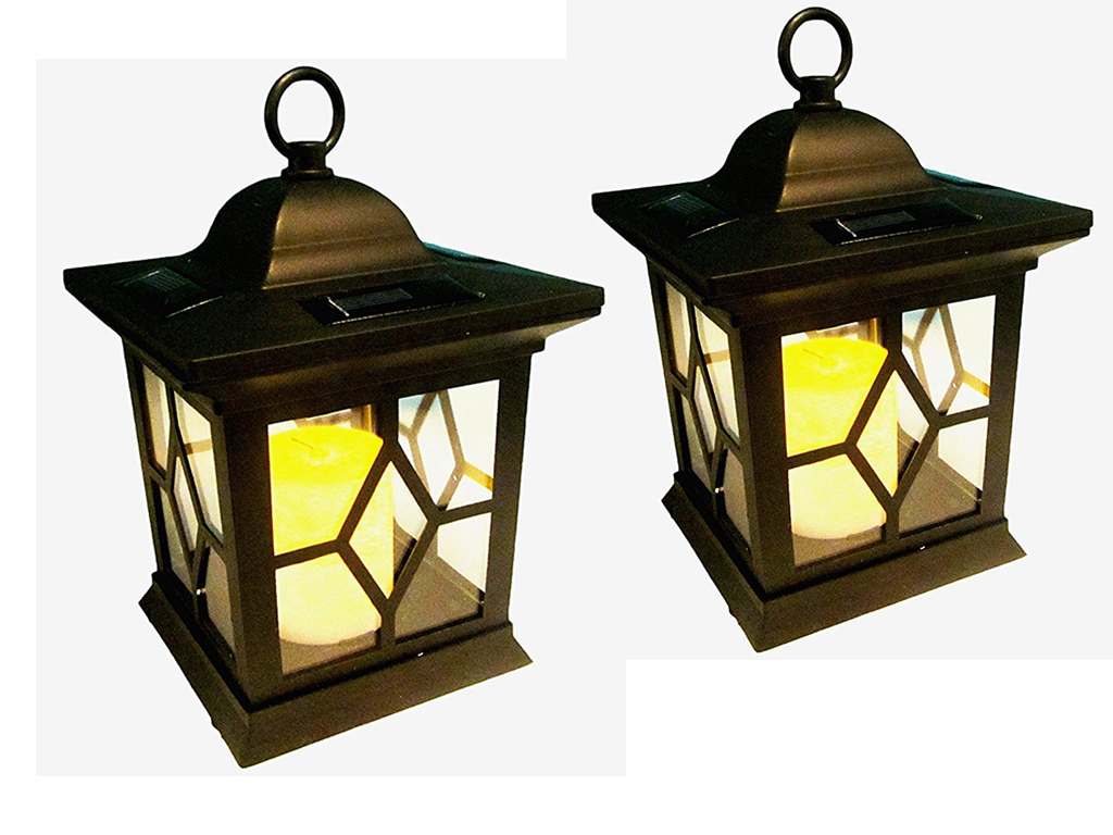 2 x SOLAR LED TRADITIONAL FLICKERING CANDLE COACH LANTERN HANGING