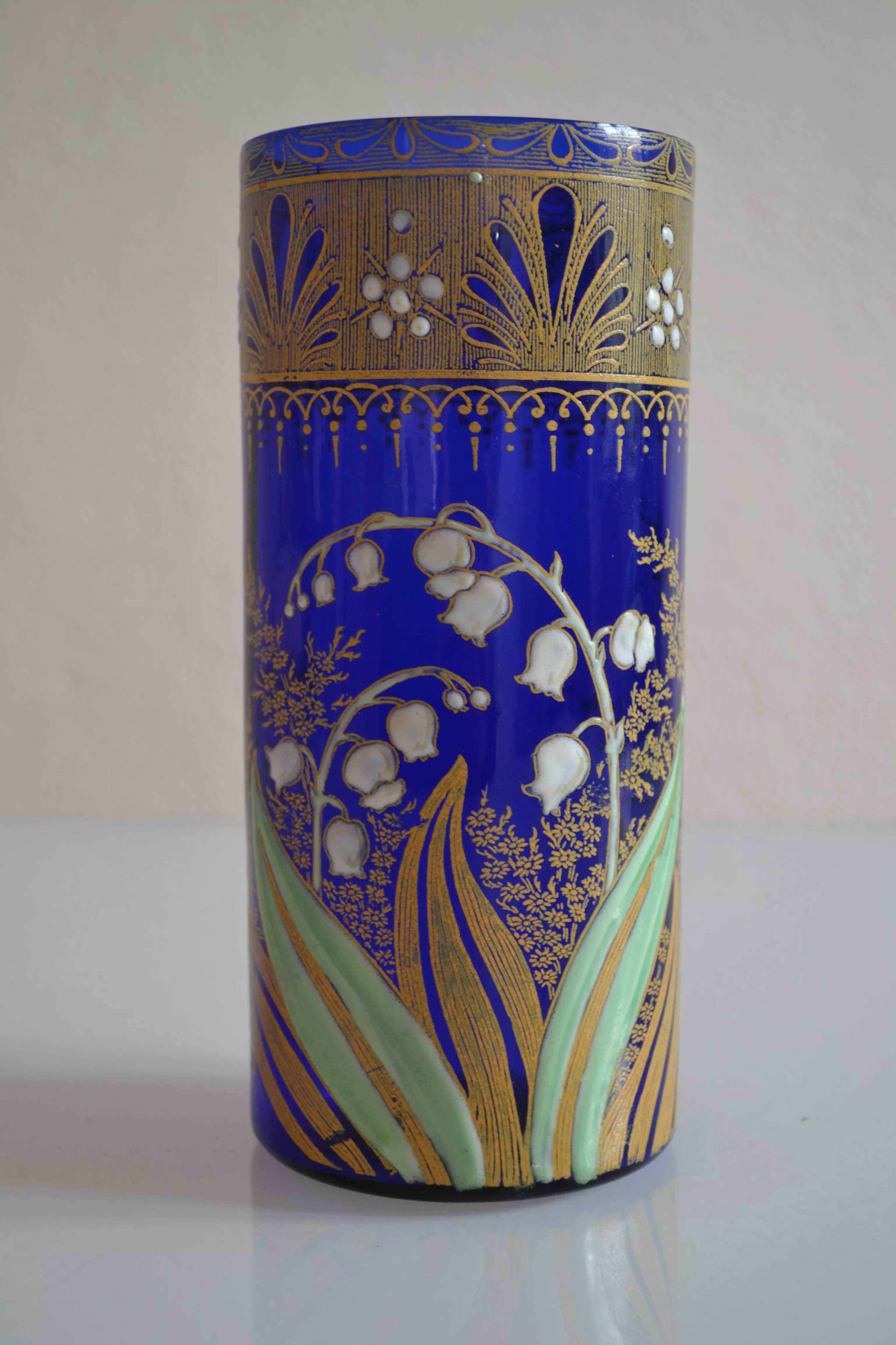 Vase Legras art nouveau verre bleu emaille decor muguet Selency