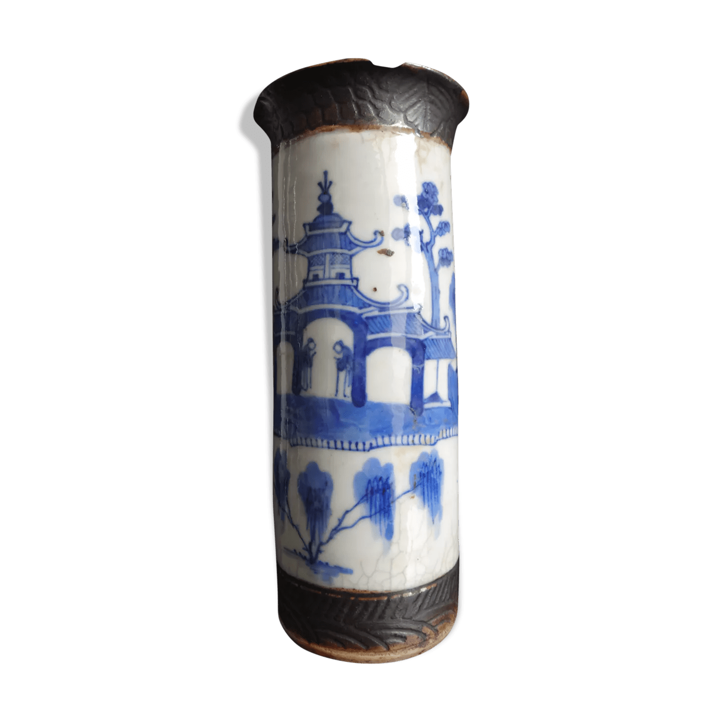 Ancien vase rouleau chinois nankin chine blanc bleue porcelaine Qing
