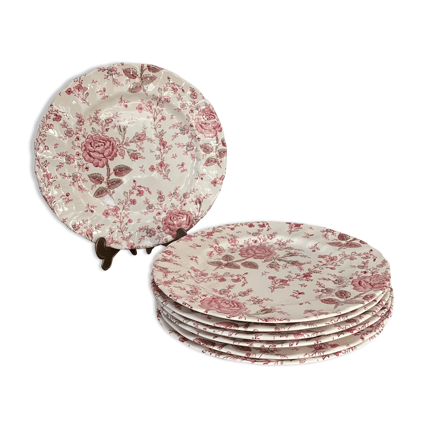 Lot de 7 assiettes plates rose Chintz Johnson Bros vintage Selency