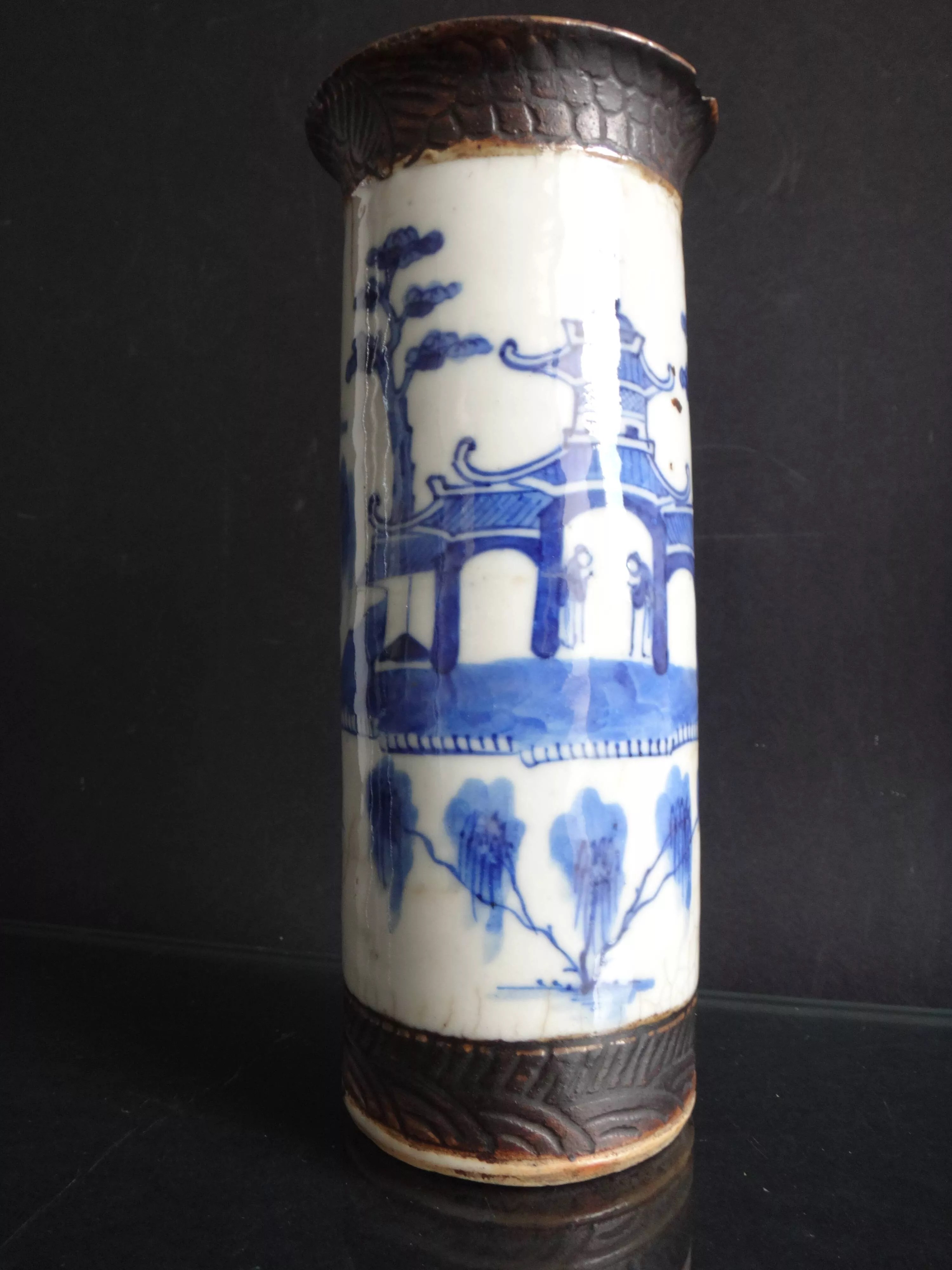 Ancien vase rouleau chinois nankin chine blanc bleue porcelaine Qing