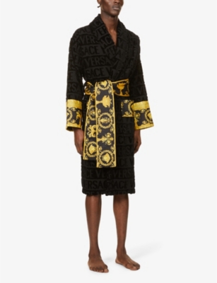 Versace Logo And Baroqueprint Cottonterry Dressing Gown In Black