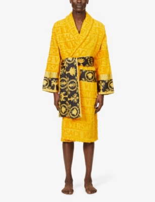 Versace Logo And Baroqueprint Cottonterry Dressing Gown In Gold