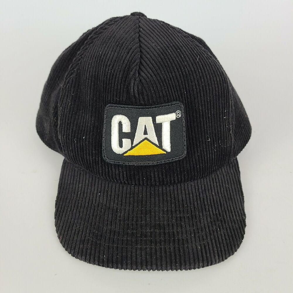 Vintage Caterpillar CAT Corduroy Trucker Hat Cap Black Made In USA Ear