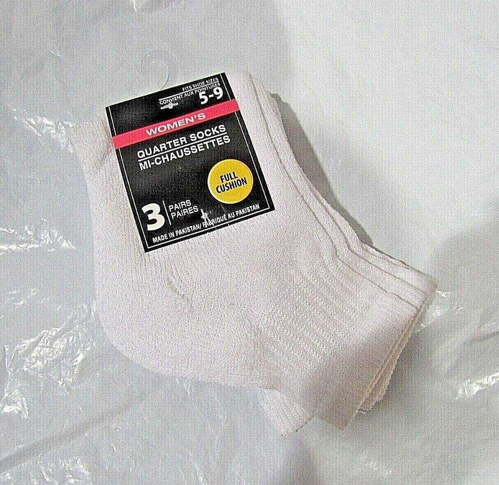 Women's Full Cushion White Quarter Socks 3 Pairs Shoe Sizes 59 Sizes