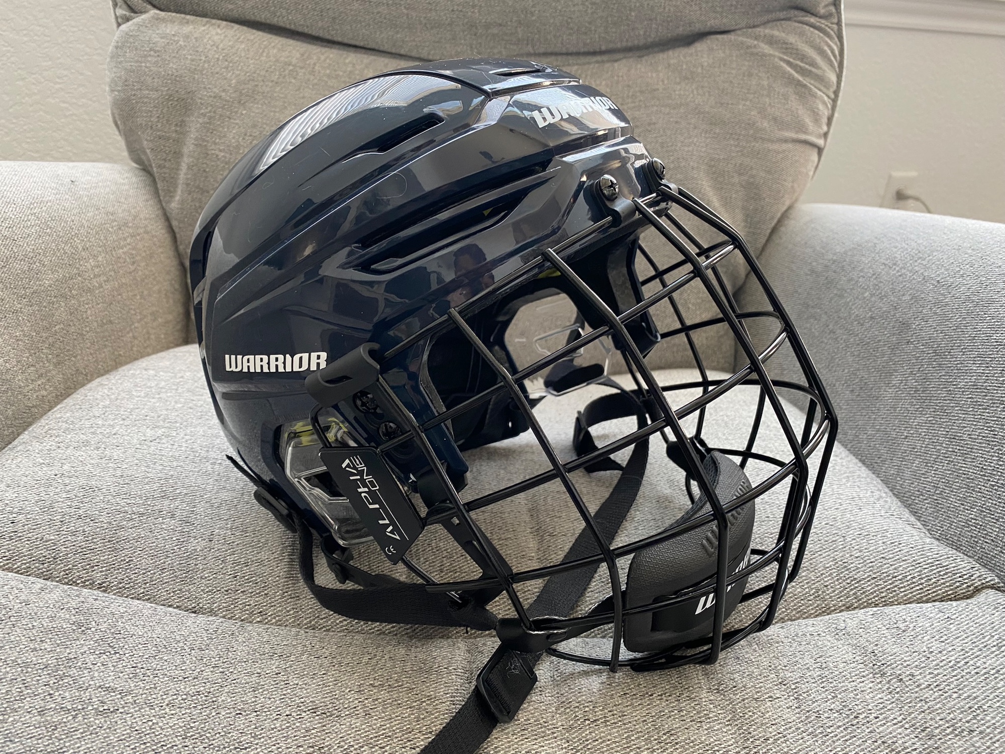 Warrior Alpha One Pro Hockey Helmet with Cage M Navy SidelineSwap