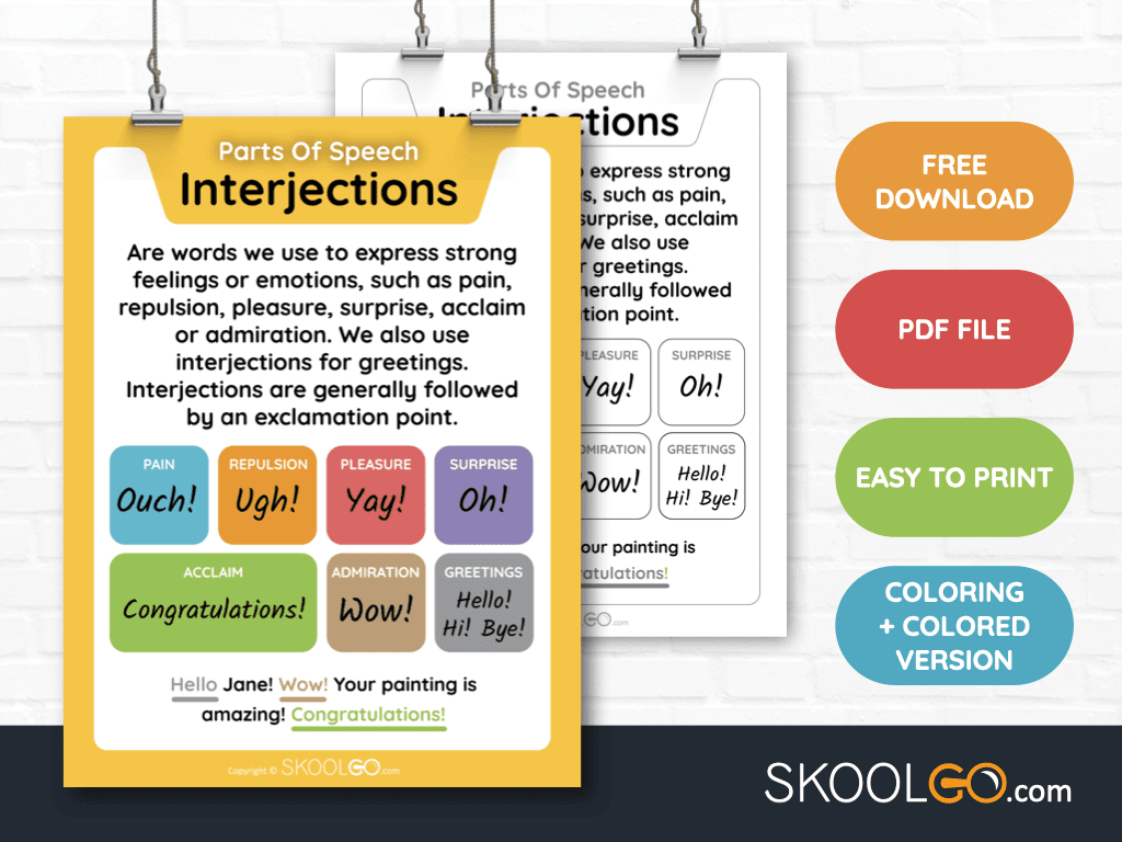 Interjections Parts Of Speech Classroom Poster SKOOLGO