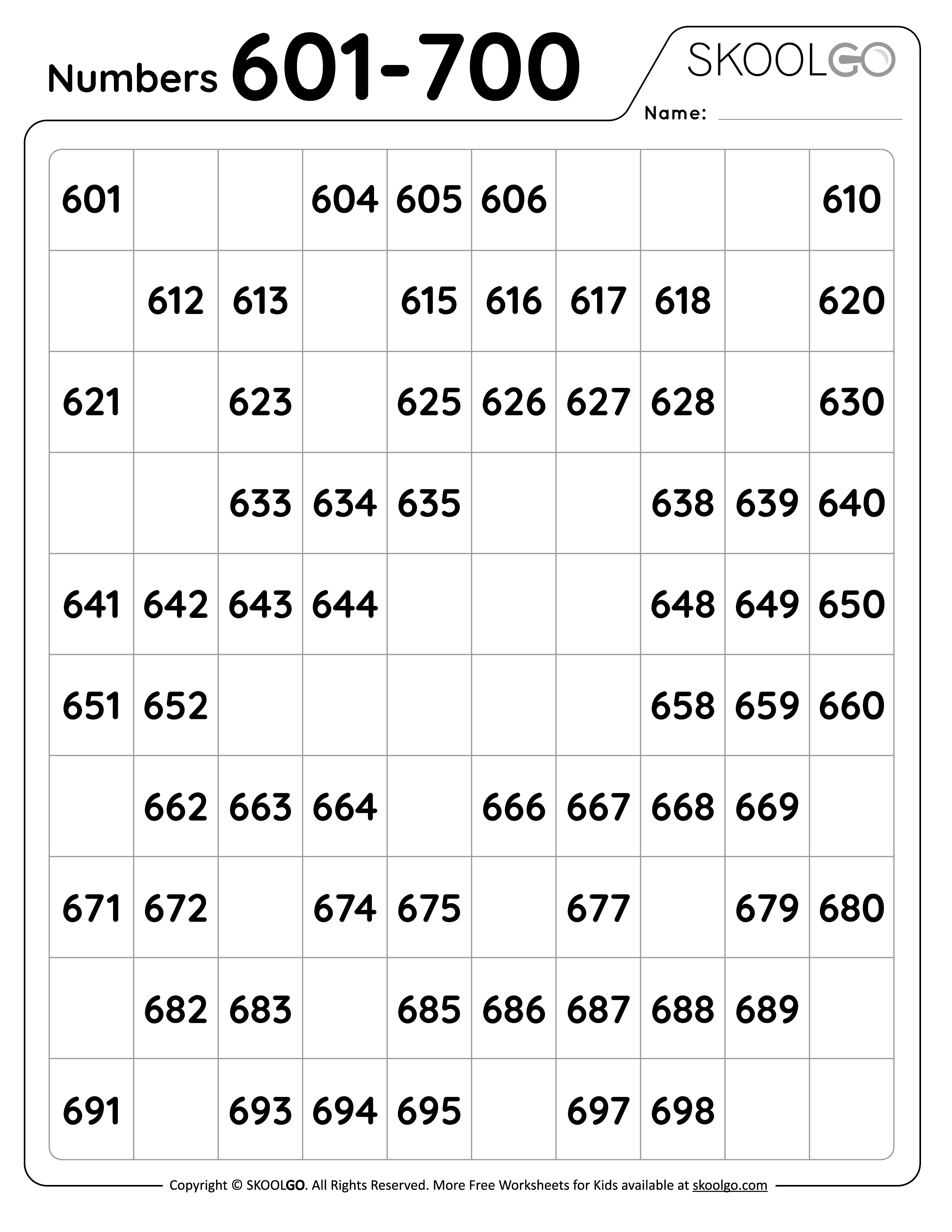 Numbers 601 to 700 Free Worksheet for Kids SKOOLGO