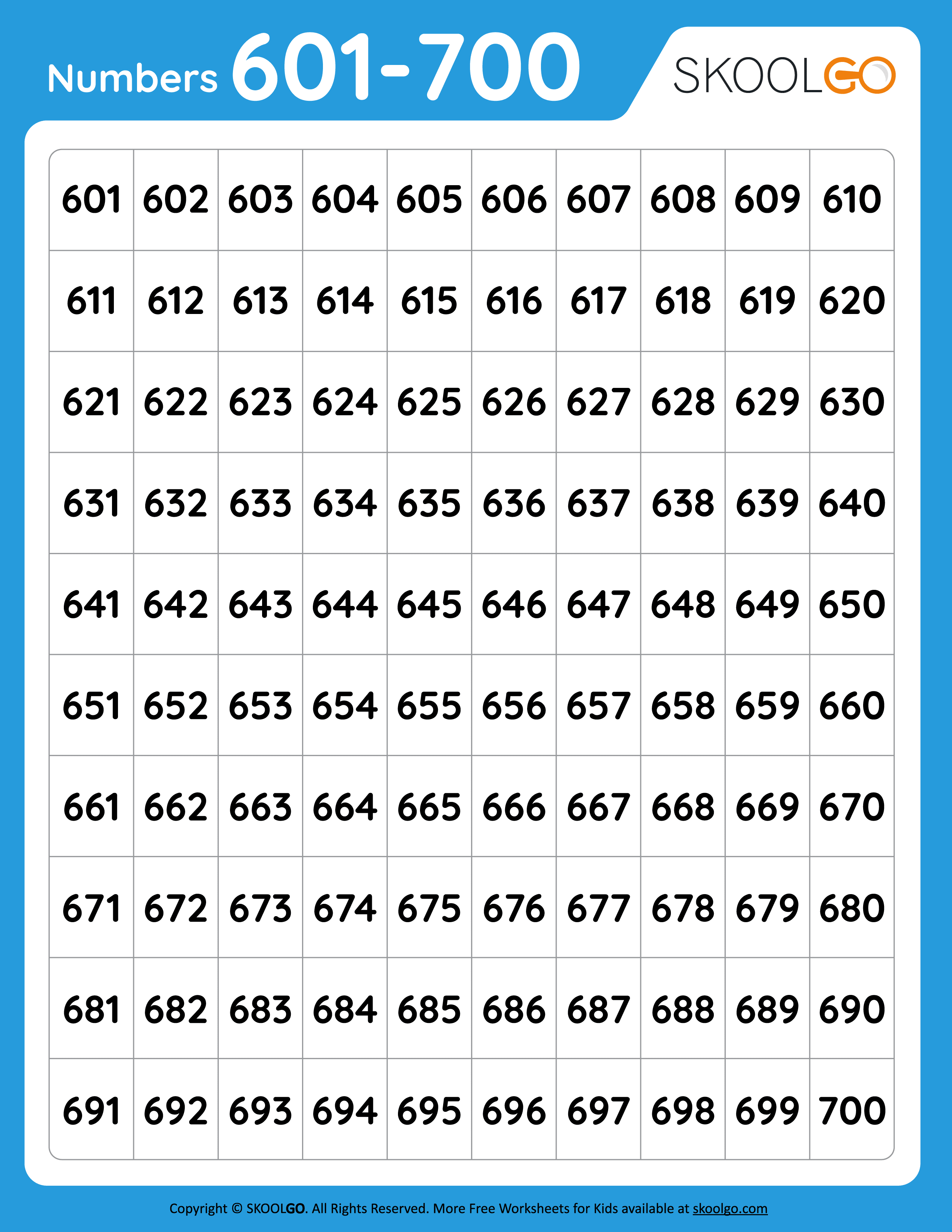 Numbers 601 to 700 Free Worksheet for Kids SKOOLGO