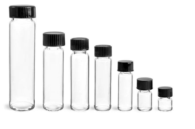 Glass Vials, Clear Glass Vials w/ Black Polypro Foil Lined Caps