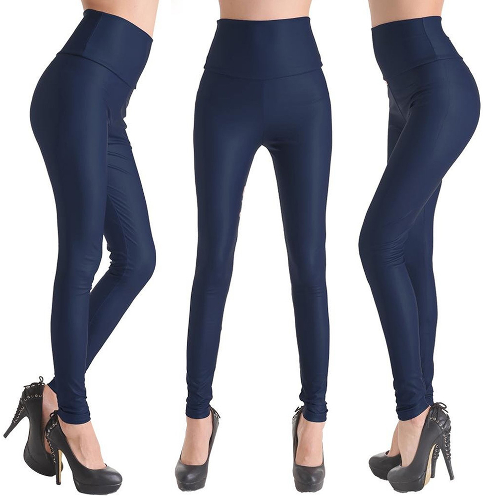 Navy Blue Faux Leather Stretchy Leggings Solid Wet Look High Waist