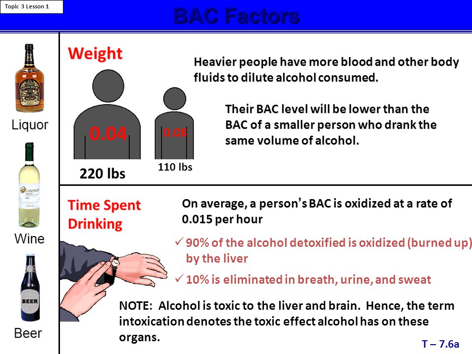 Blood Alcohol Concentration Factors T – 7.6 Topic 3 Lesson 1 Liquor Beer Weight (Blood Volume)Weight (Blood Volume) Time Spent Drinkingtime Spent Drinking. - Ppt Download