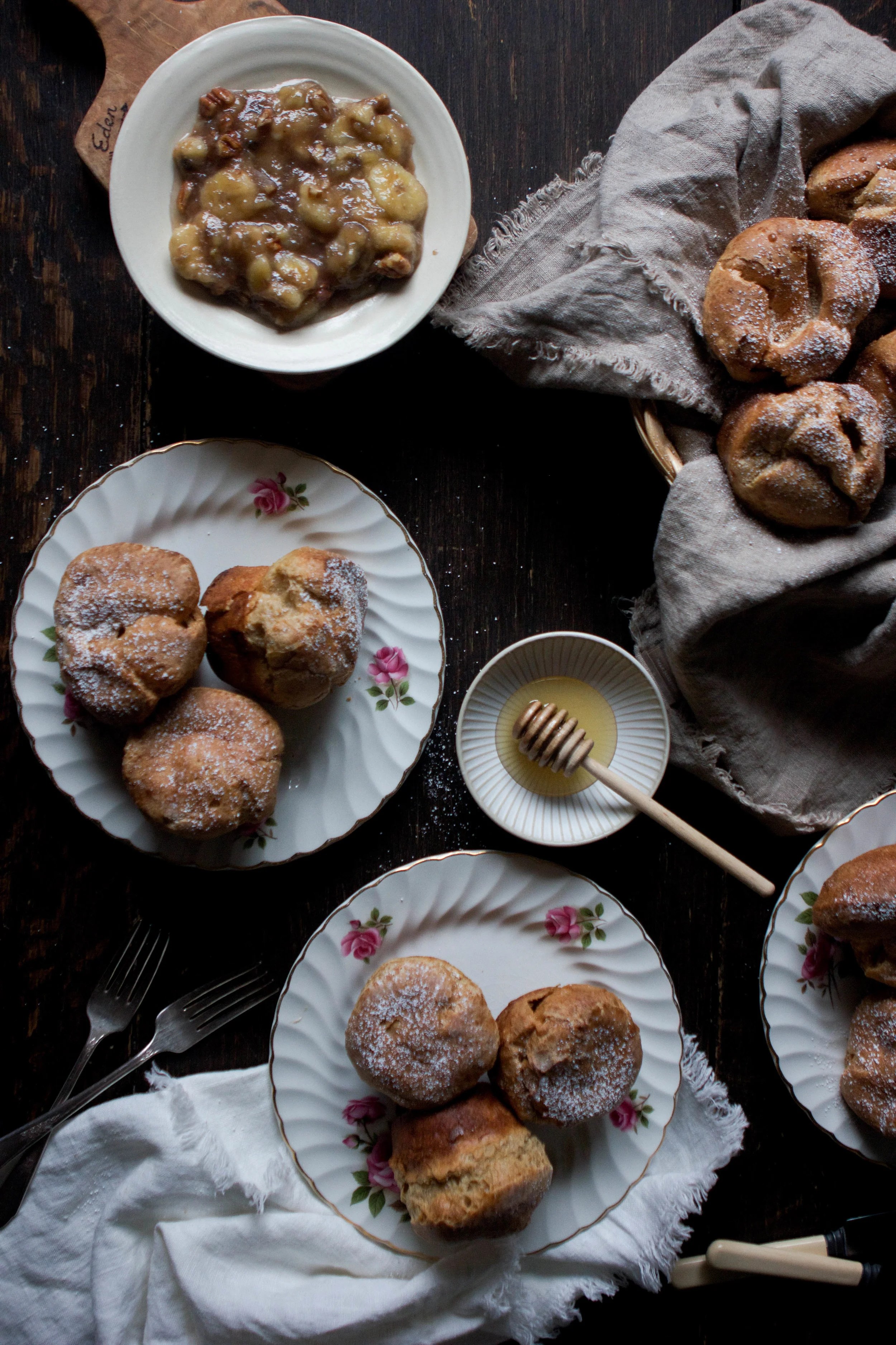 muffin pan pancake popovers + honey caramelized bananas & pecans — L E