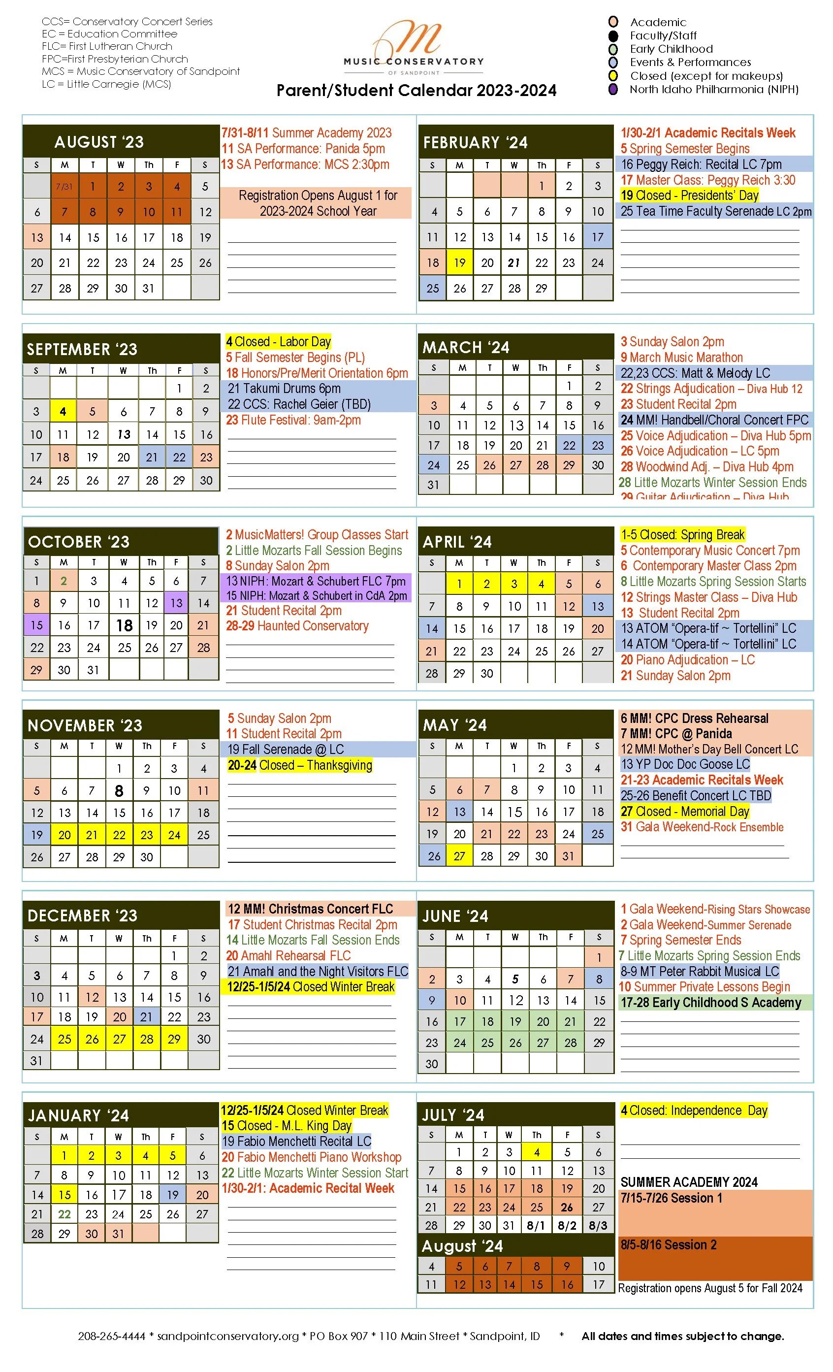 MCS Calendar — Music Conservatory of Sandpoint