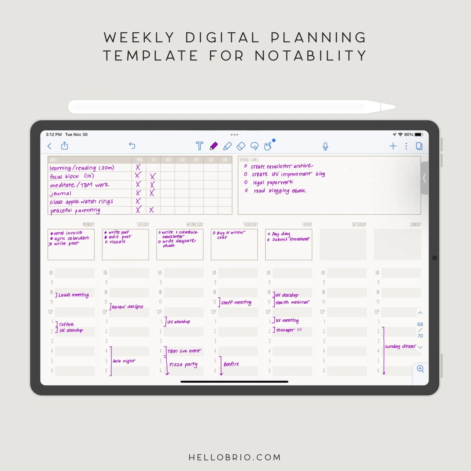 Digital planning with a weekly template for Notability on iPad — Hello Brio