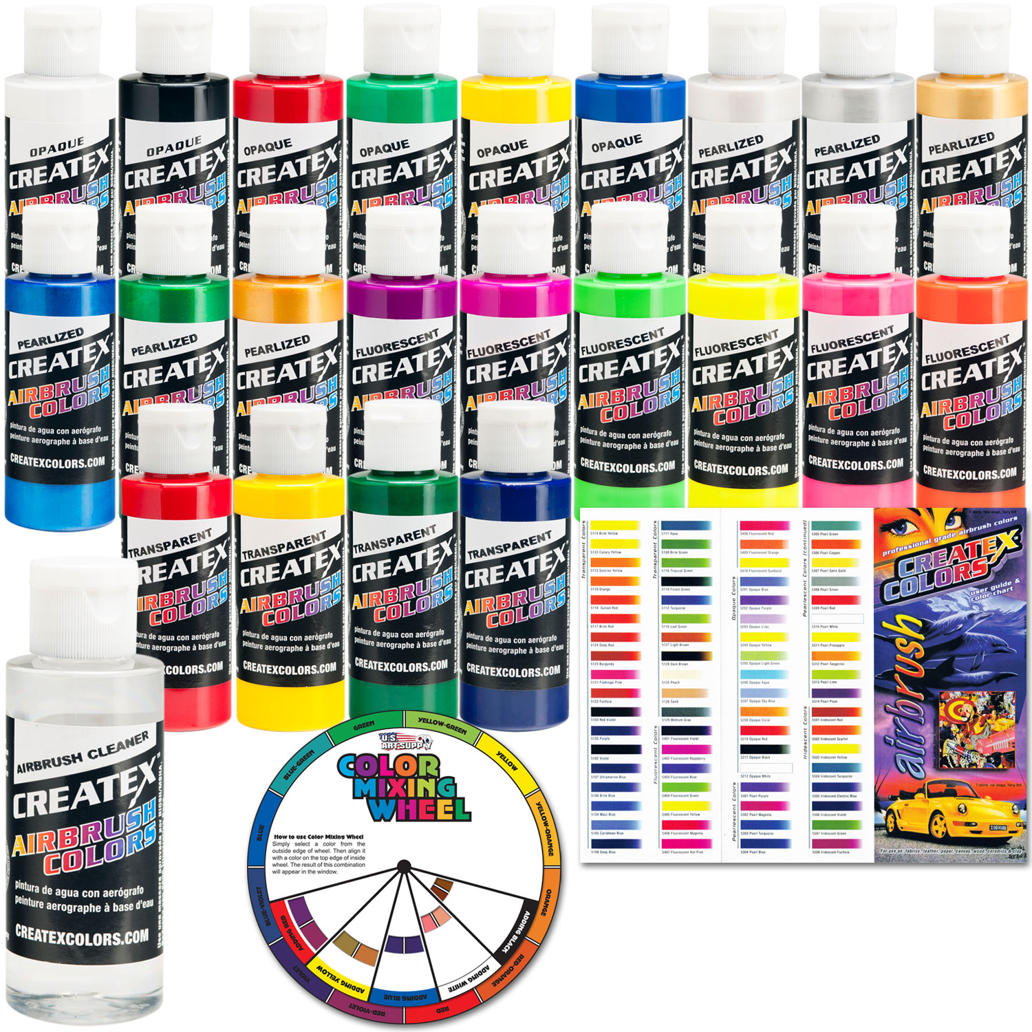 22 Createx Airbrush Colors Paint Kit, Cleaner, Primary Pearl Opaque