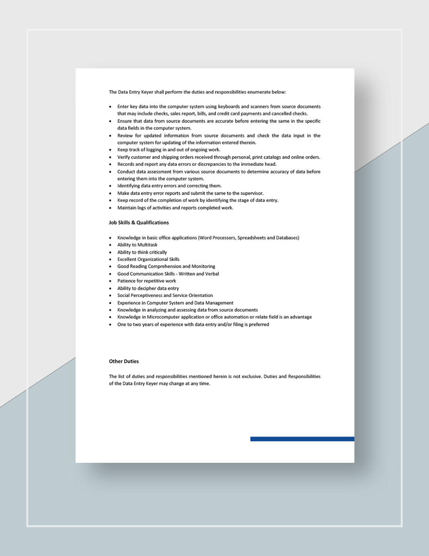 Data Entry Keyer Job Description in Pages, Outlook, PDF, Word, Google