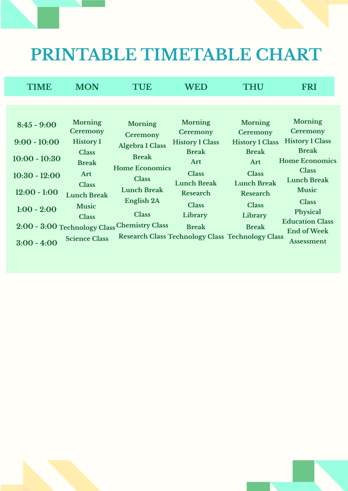 Free Printable Timetable Chart Template PSD