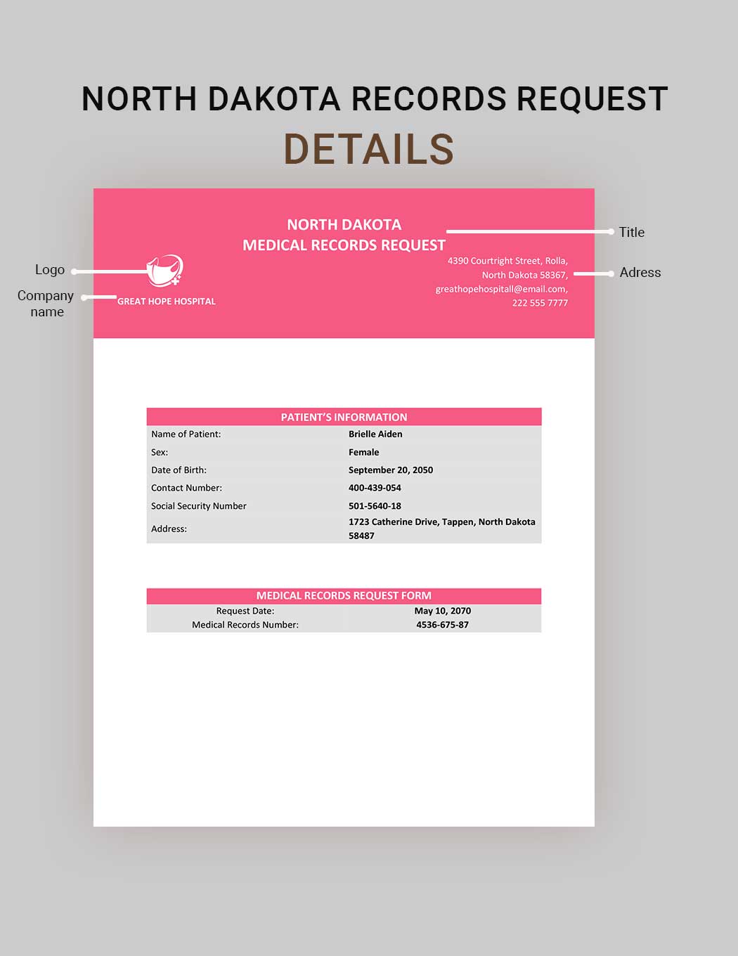 North Dakota Medical Records Request Template in Word, Google Docs