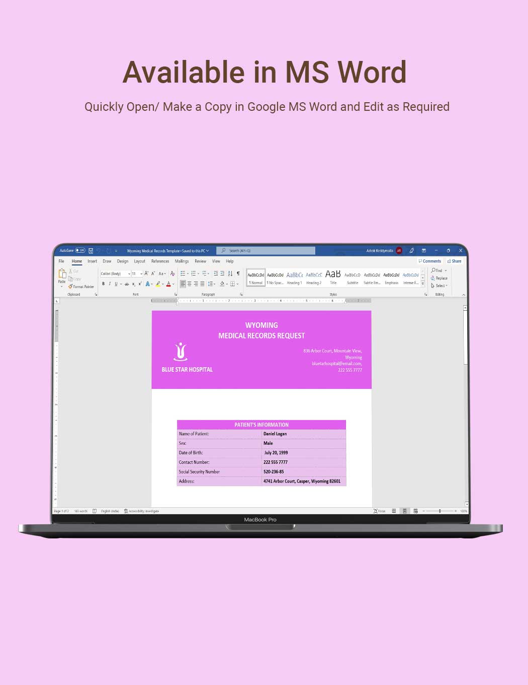 Wyoming Medical Records Request Template in Word, Google Docs
