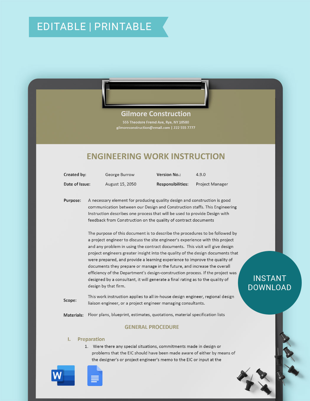 Work Instruction Sample in Word, Google Docs Download
