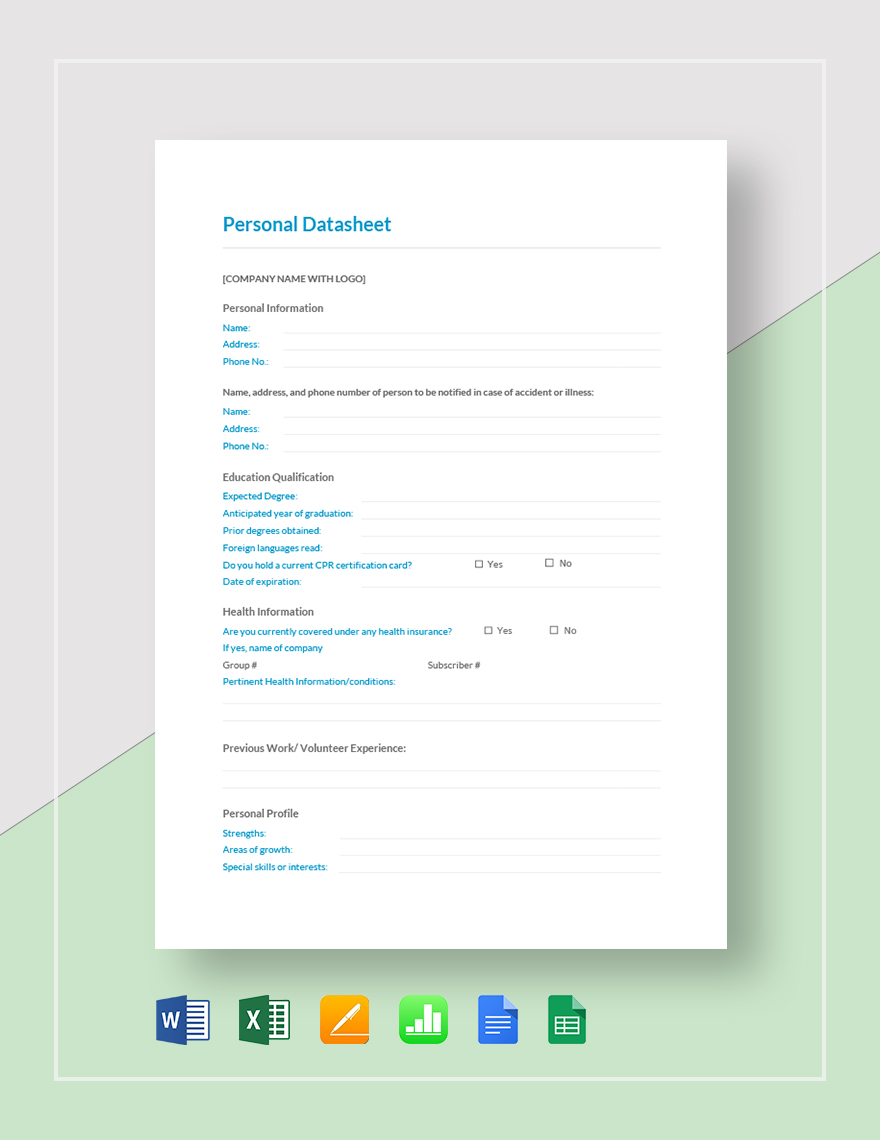 Personal Datasheet Template in Google Docs, Word, Pages, Apple Numbers