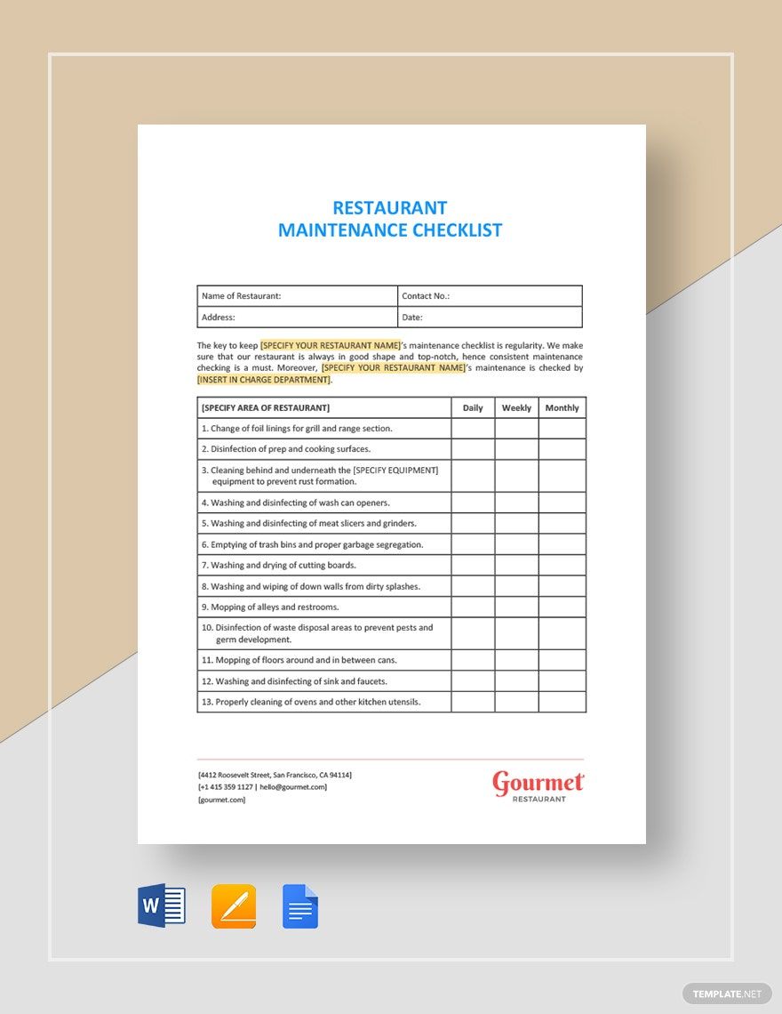 Restaurant Maintenance Checklist Template in Google Docs, Word, Pages