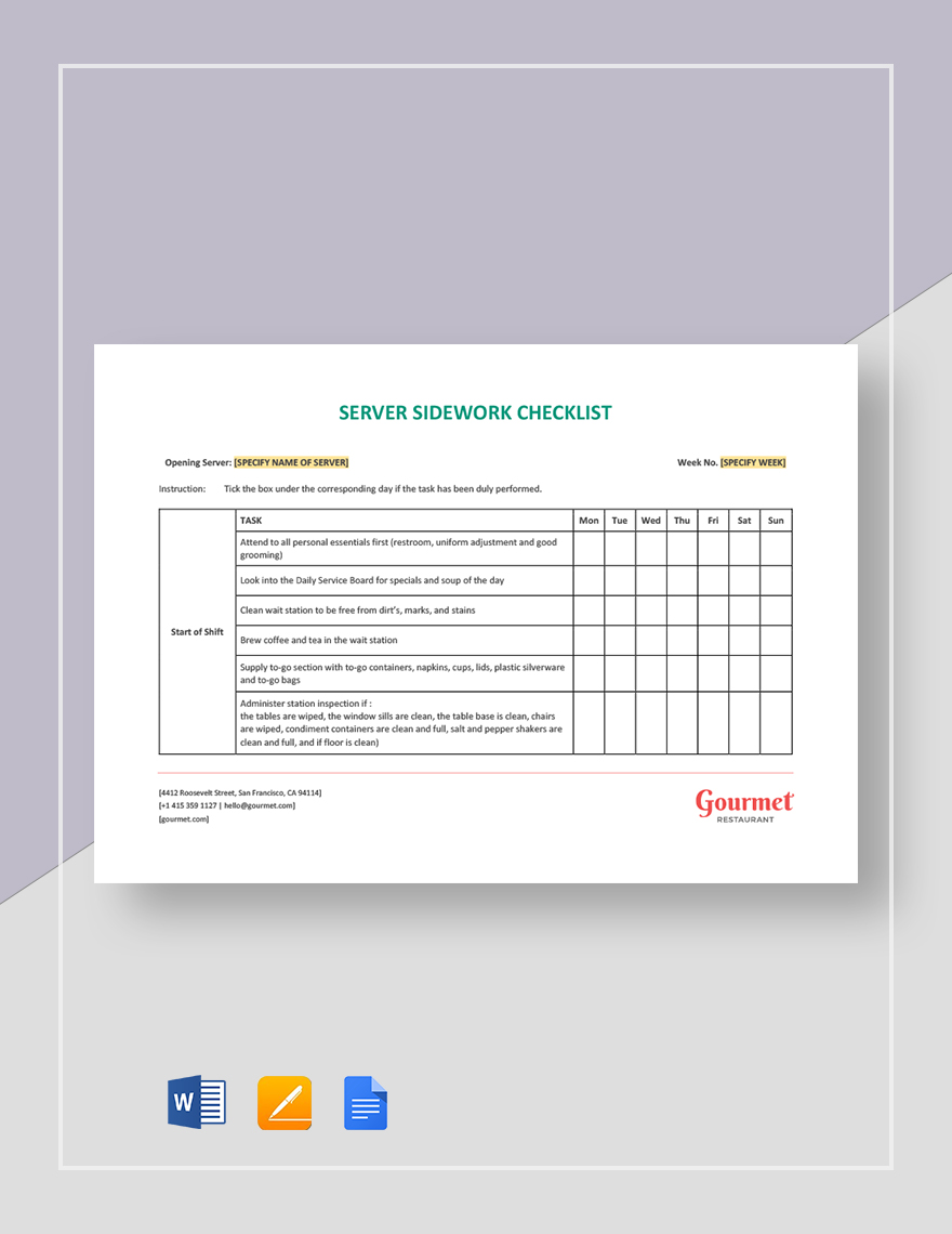 Restaurant Server Sidework Checklist Template - Google Docs, Word