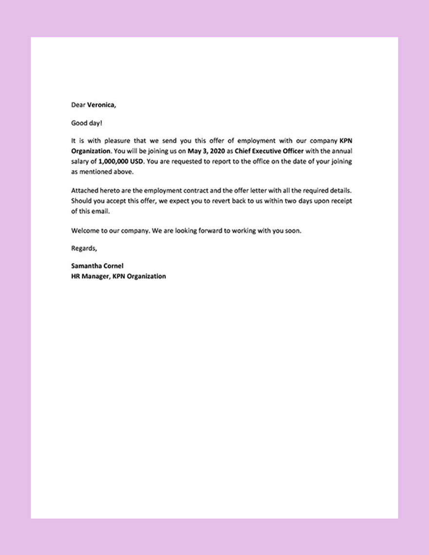 Executive Job Offer Letter Template Google Docs, Word, Apple Pages