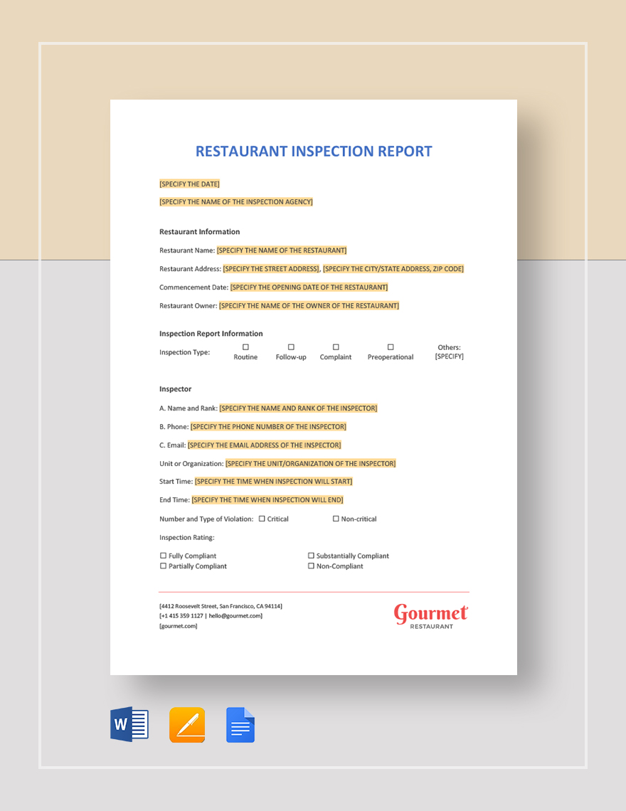 Restaurant Inspection Report Template Google Docs, Word, Apple Pages