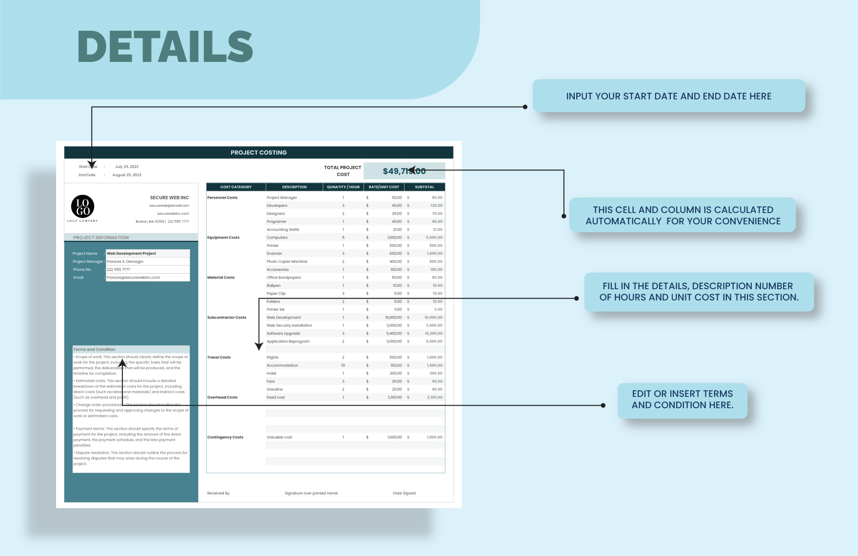 Project Costing Template Download in Excel, Google Sheets