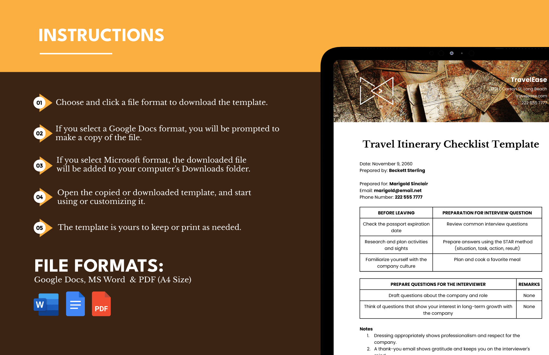 Travel Itinerary Checklist Template in PDF, Word, Google Docs