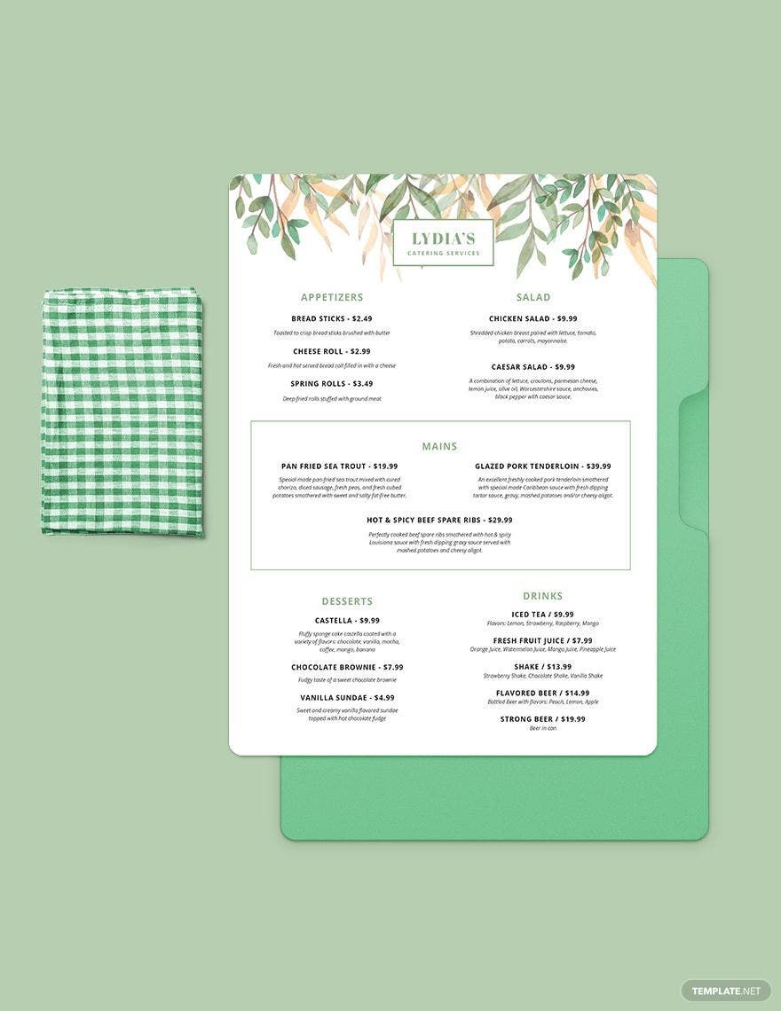 Simple Catering Menu Template in Pages, InDesign, Word, Illustrator