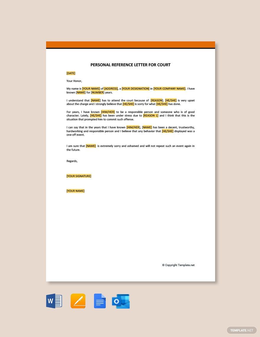Personal Reference Letter For Court in Google Docs, Word, Pages