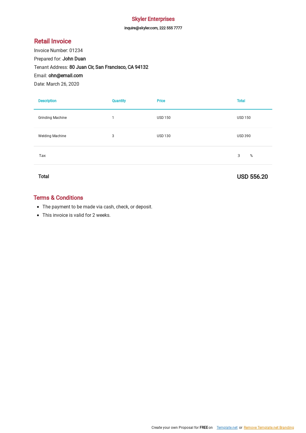 Retail Invoice Template in Google Docs, Google Sheets, Excel, Word