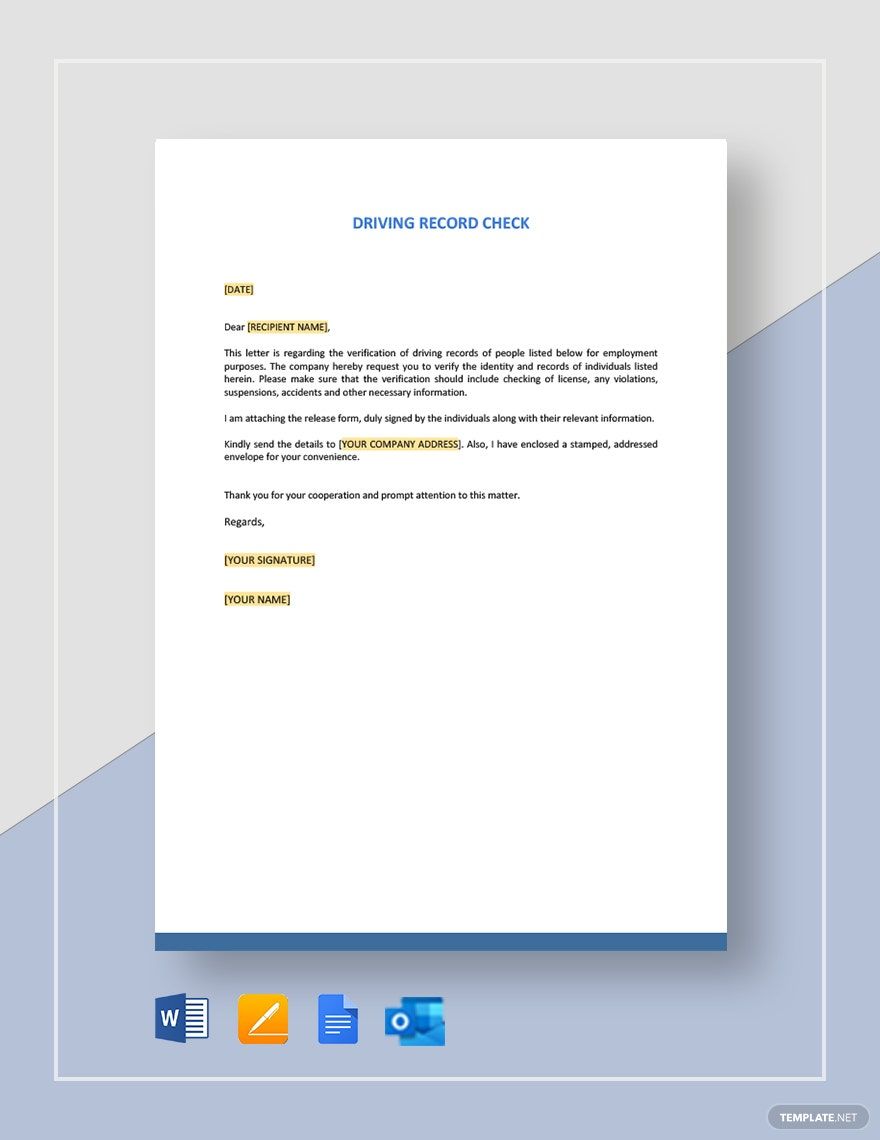 Driving Record Check Letter Template in Google Docs, Word, Outlook