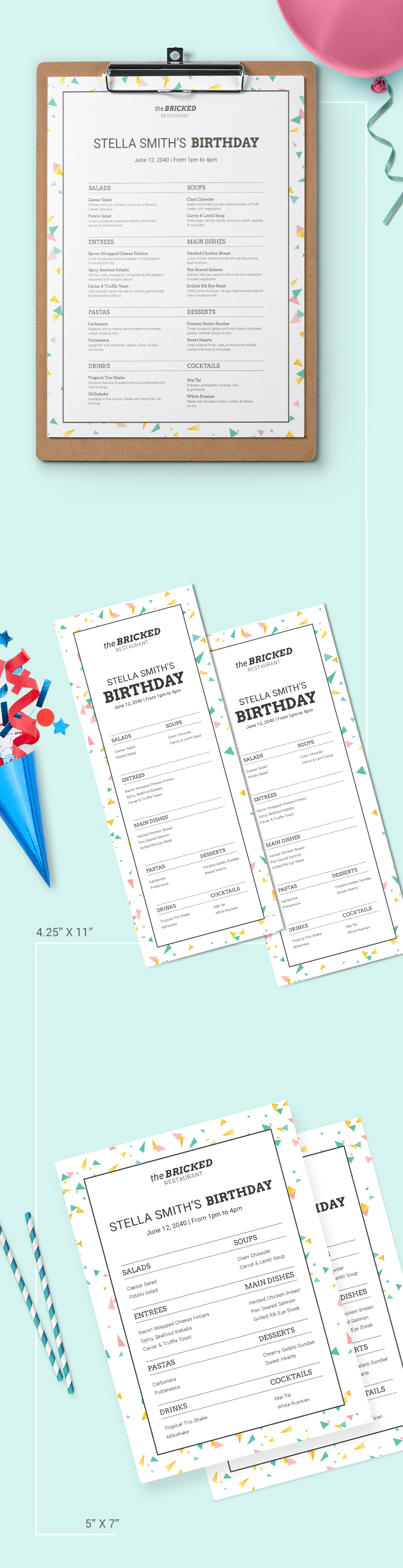 Simple Birthday Menu Template Illustrator, Word, Apple Pages, PSD