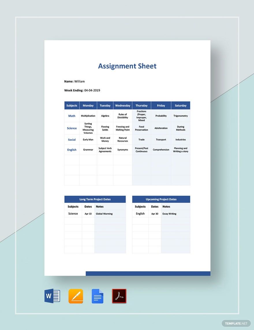 Assignment Sheet Template in Word, Pages, Google Docs, PDF Download