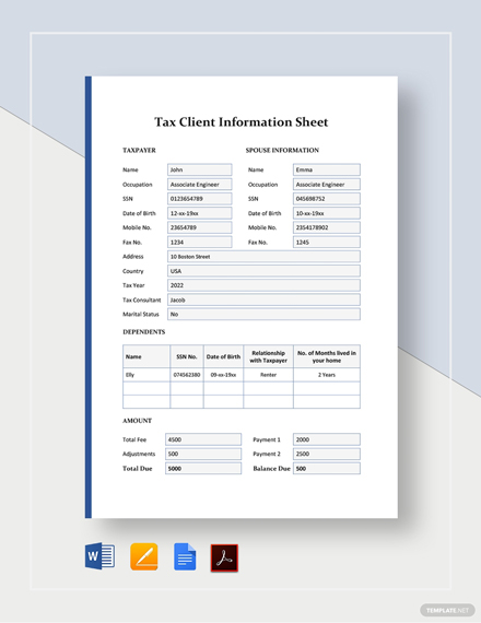Printable Tax Client Information Sheet Template - Free Templates Printable
